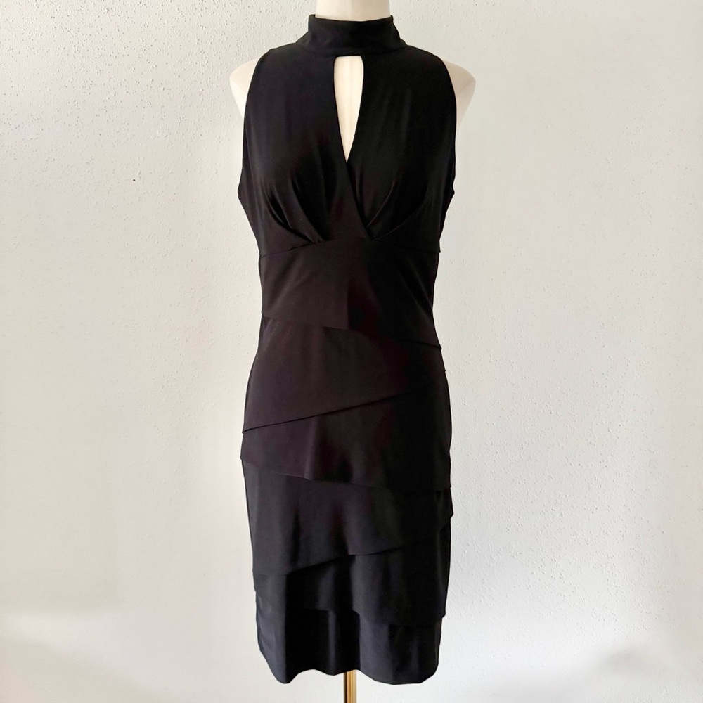 WHBM Mock Neck Peephole Black Instantly Slimming Dress Sheath Women's Size 10 L - Picture 2 of 7